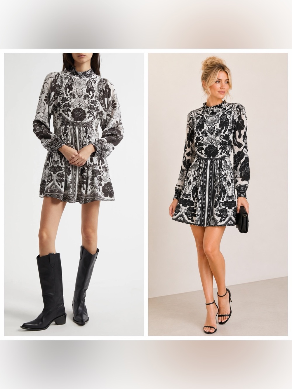 Farm Rio Black & White Floral Mini Dress High Neck Statement Panther Print XS